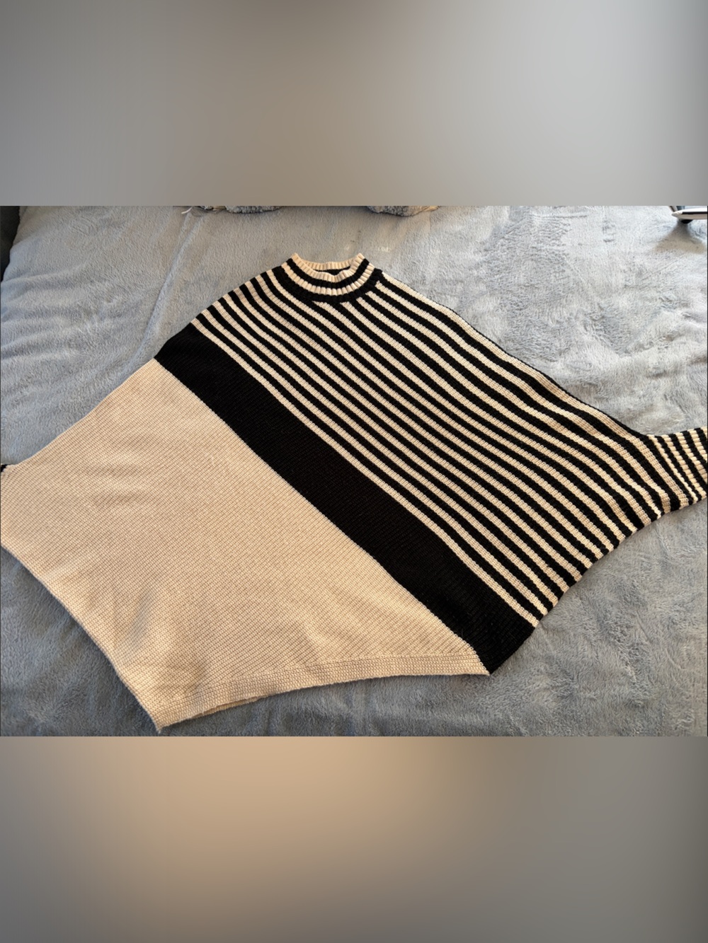 Suzy Shier Black and Cream Striped Knit Poncho